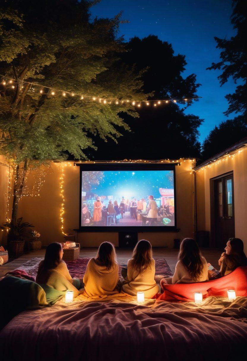 A whimsical cinema scene filled with joyful people watching a movie under twinkling fairy lights. Include a vintage projector casting colorful film reels onto a large screen, surrounded by cozy blankets and popcorn buckets. Picture smiles, laughter, and a magical atmosphere that evokes the charm of secret outdoor screenings. Artistic style should capture a sense of nostalgia and happiness. vibrant colors. dreamy ambiance.