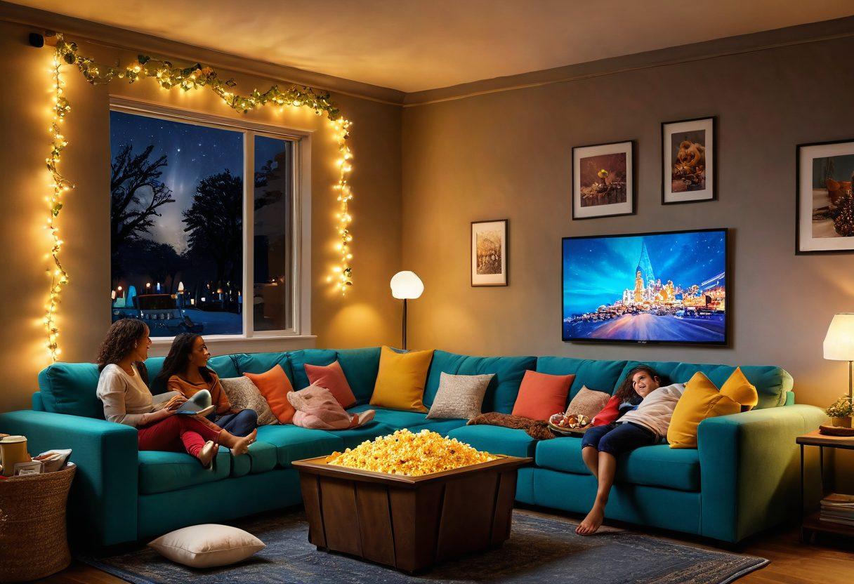 A cozy living room setting with a large screen displaying a vibrant movie scene, surrounded by colorful popcorn bowls and cheerful snacks. A family of diverse backgrounds is joyfully laughing together on a plush couch, with soft lighting creating a warm atmosphere. Add posters of classic adventure films on the walls, and a touch of fairy lights to enhance the ambiance. Painting style. vibrant colors. warm lighting.