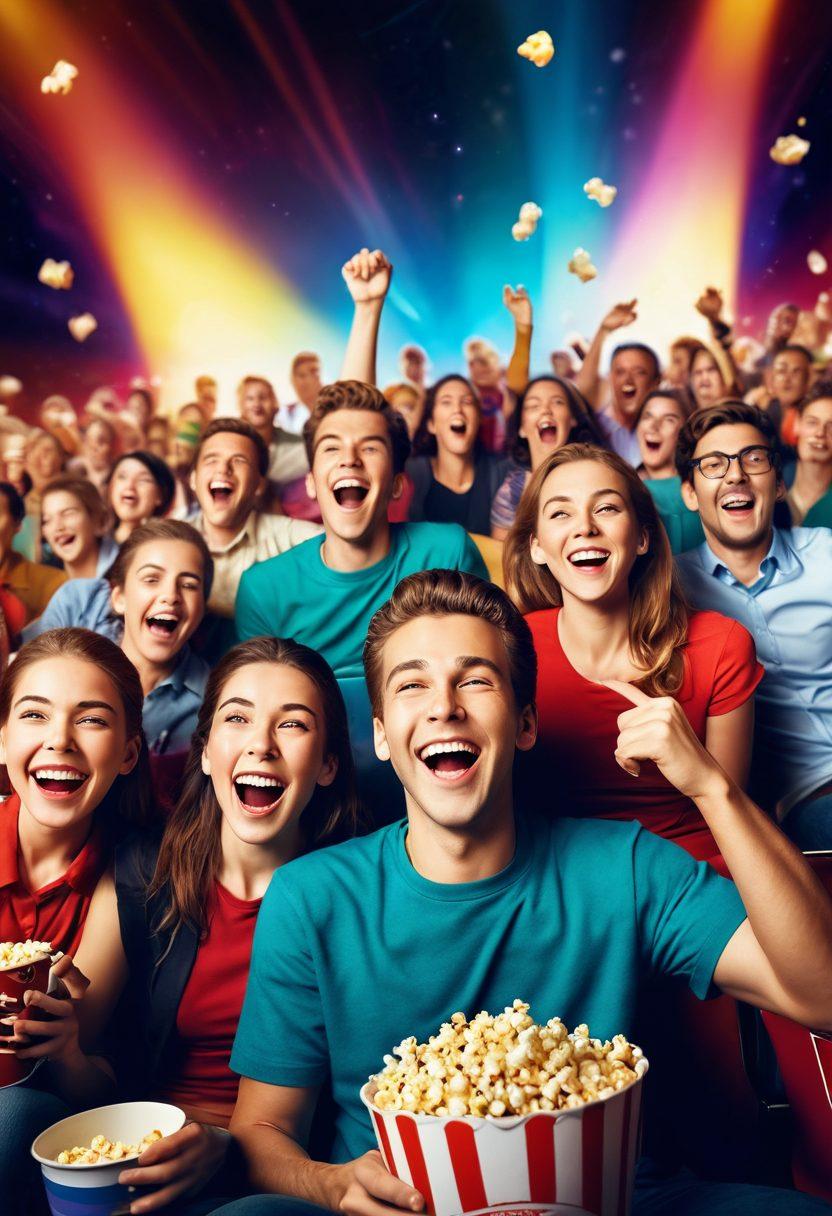 A vibrant movie theater scene filled with excited audience members laughing and enjoying a film, light from the screen illuminating their joyful faces, popcorn flying in the air, colorful movie posters in the background, and large comfortable seating. cinematic style. warm colors. fun and lively atmosphere.